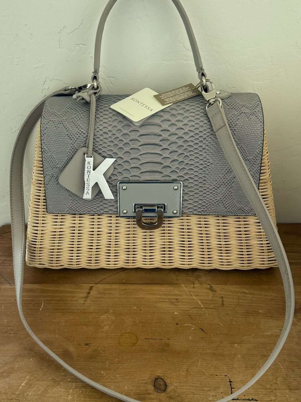 Two-Tone Kontessa Gray Distressed Top-Handle Picnic Summer Woven Bag